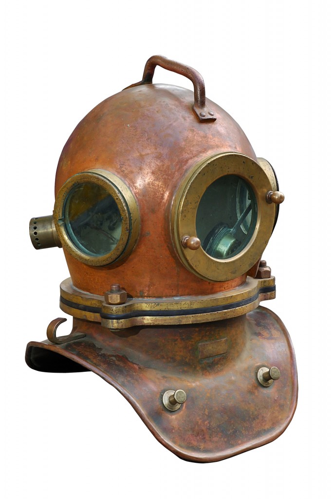 Old antique metal scuba helmet